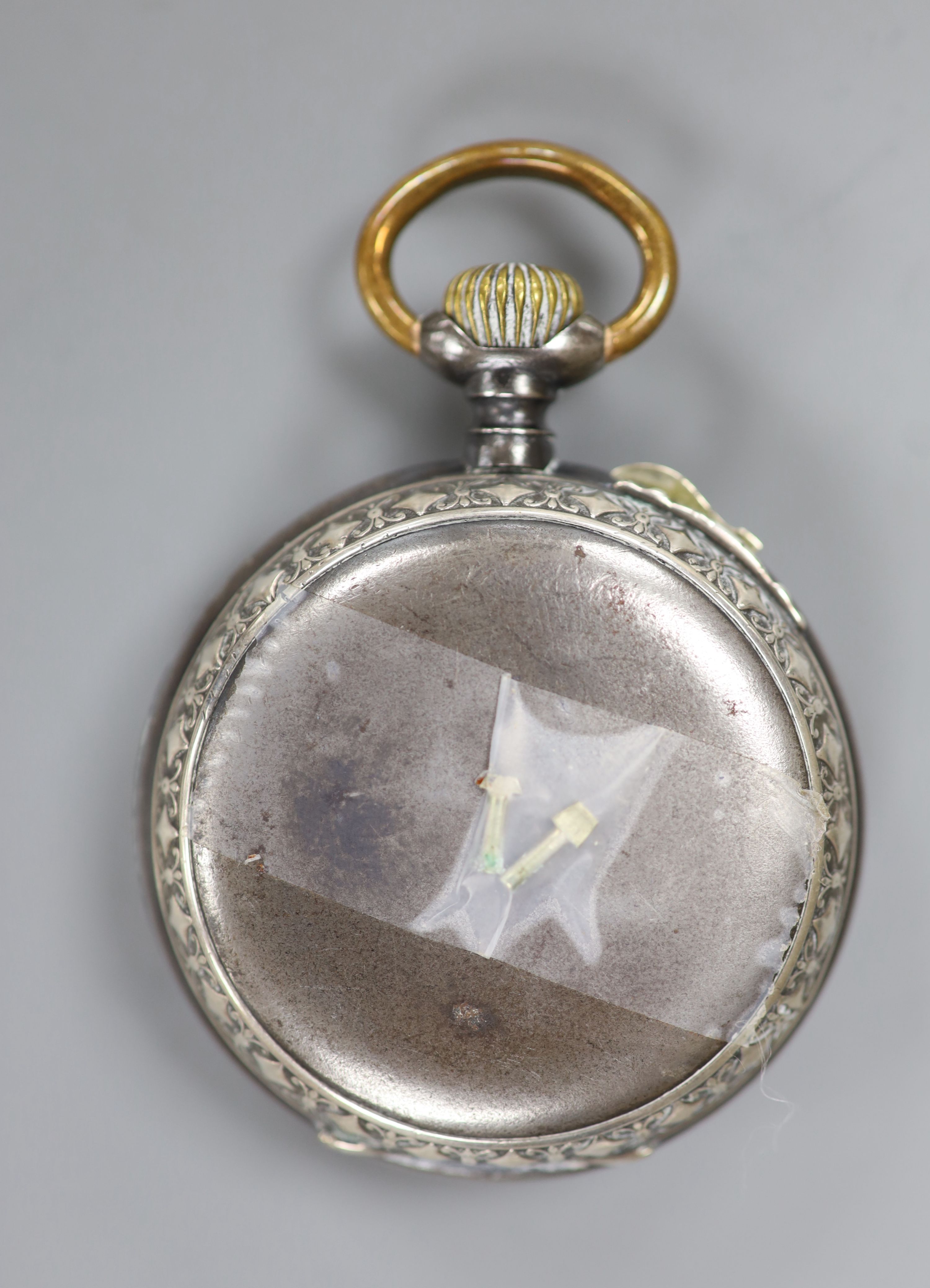 A base metal open face calendar moonphase keyless pocket watch (a.f.).